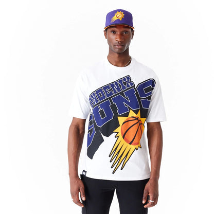 The Male model is wearing Phoenix Suns NBA Large Wordmark White Oversized T-Shirt 1