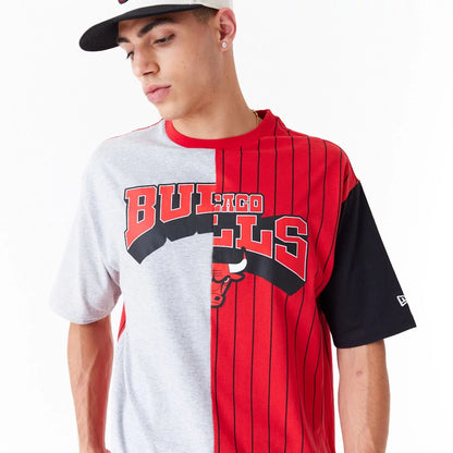 The Male model is wearing Chicago Bulls NBA Half Pinstripe Red Oversized T-Shirt 8