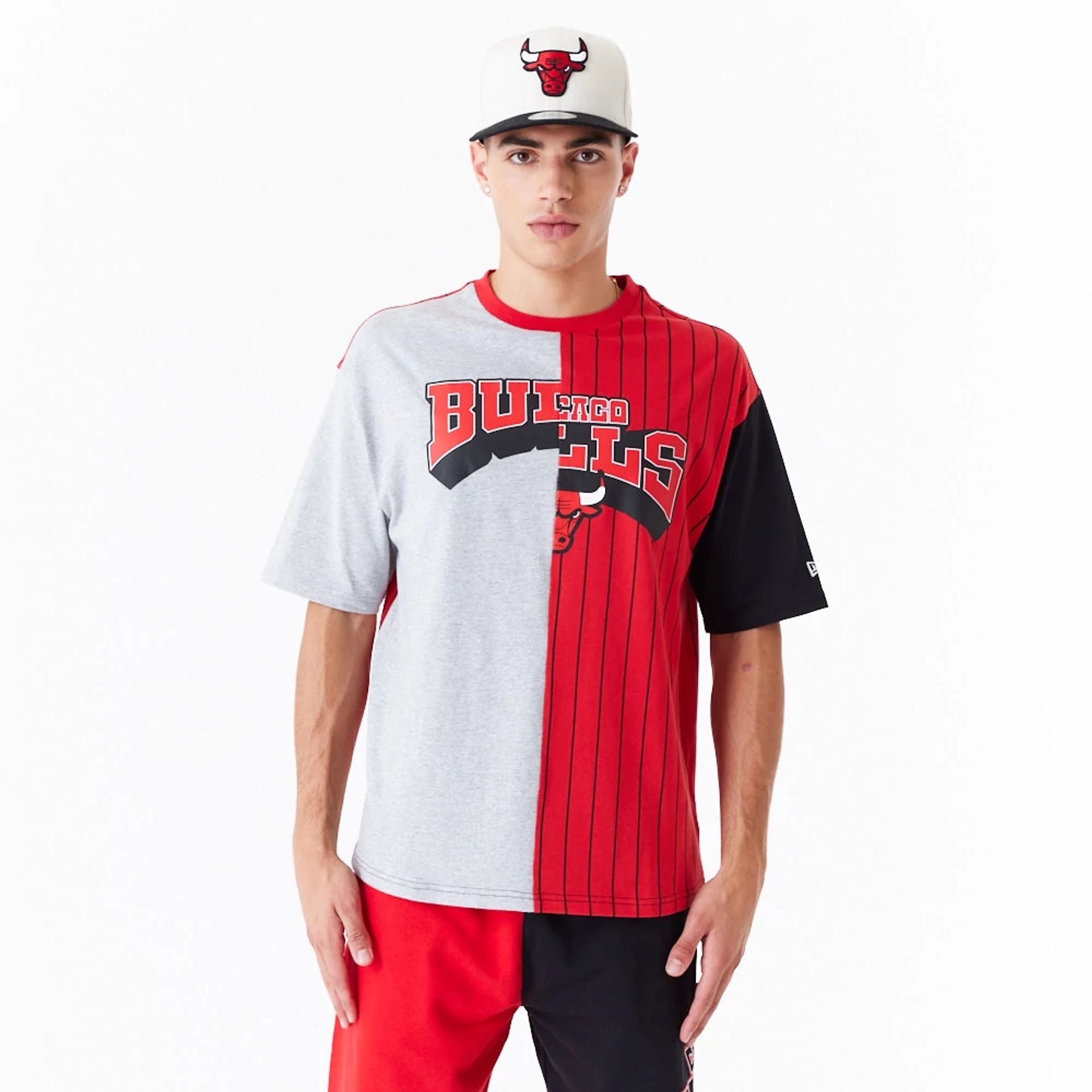 The Male model is wearing Chicago Bulls NBA Half Pinstripe Red Oversized T-Shirt 1