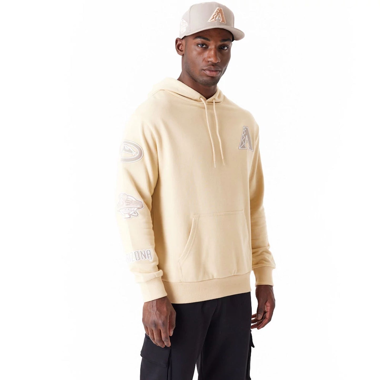 The Male model is wearing Arizona Diamondbacks MLB World Series Light Beige Oversized Pullover Hoodie 1