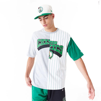 The Male model is wearing Boston Celtics NBA Half Pinstripe White Oversized T-Shirt 6