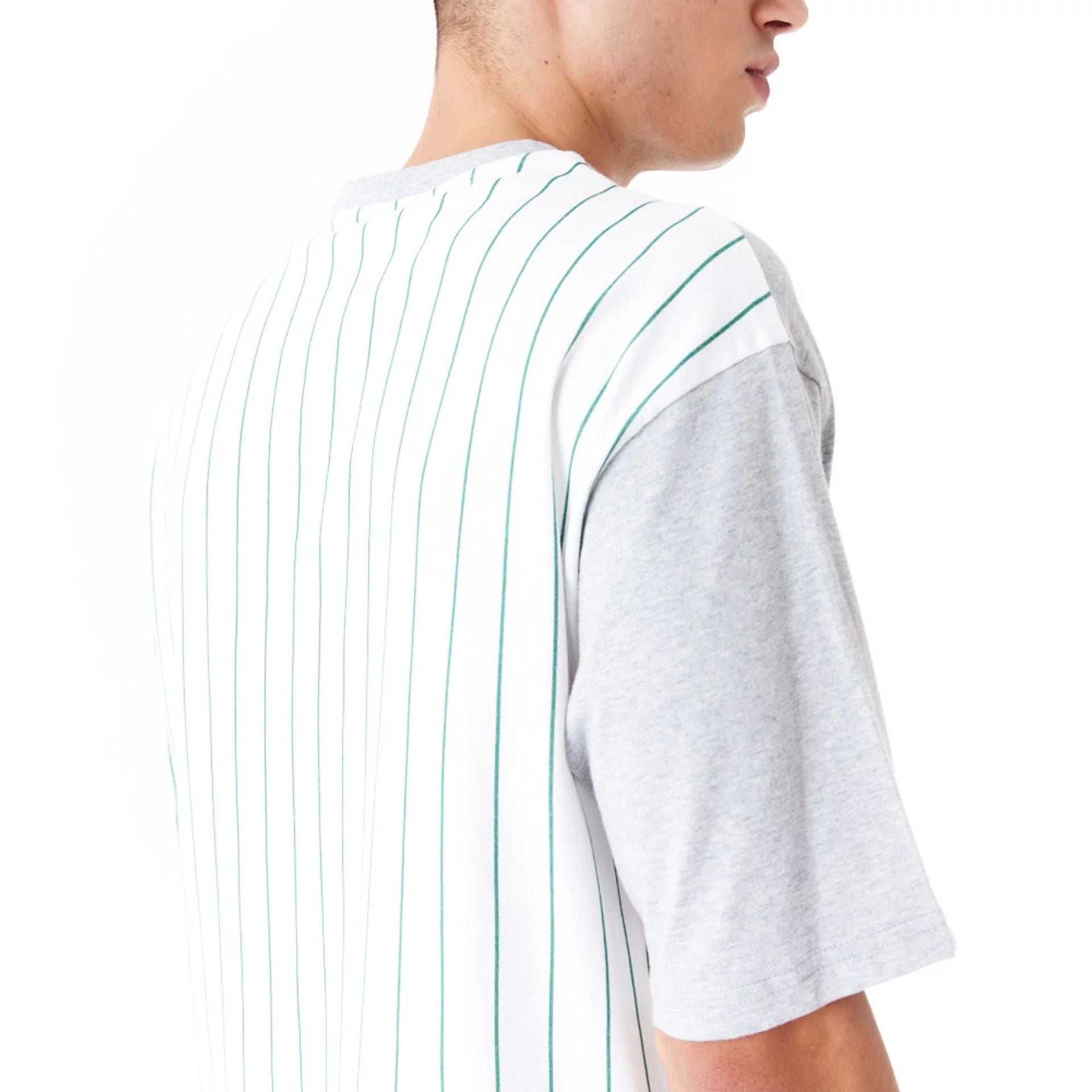 The Male model is wearing Boston Celtics NBA Half Pinstripe White Oversized T-Shirt 7