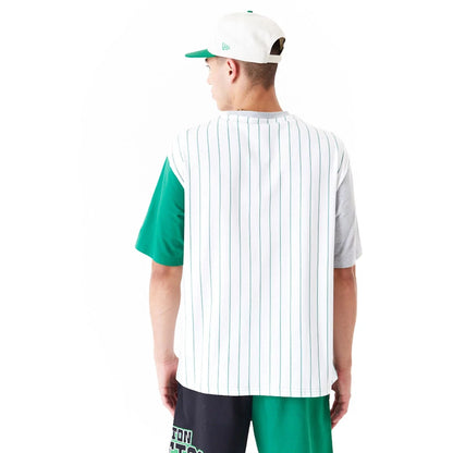 The Male model is wearing Boston Celtics NBA Half Pinstripe White Oversized T-Shirt 8