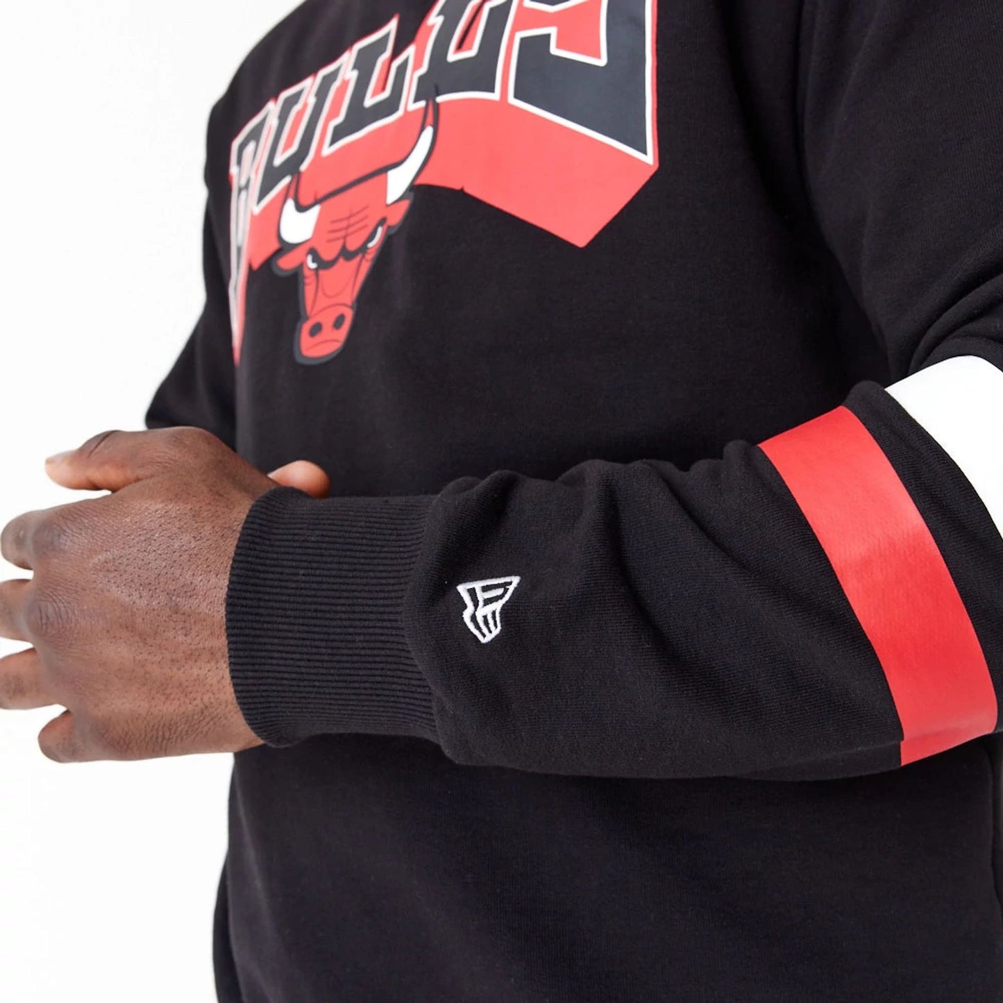 The Male model is wearing Chicago Bulls NBA Arch Black Oversized Crew 3