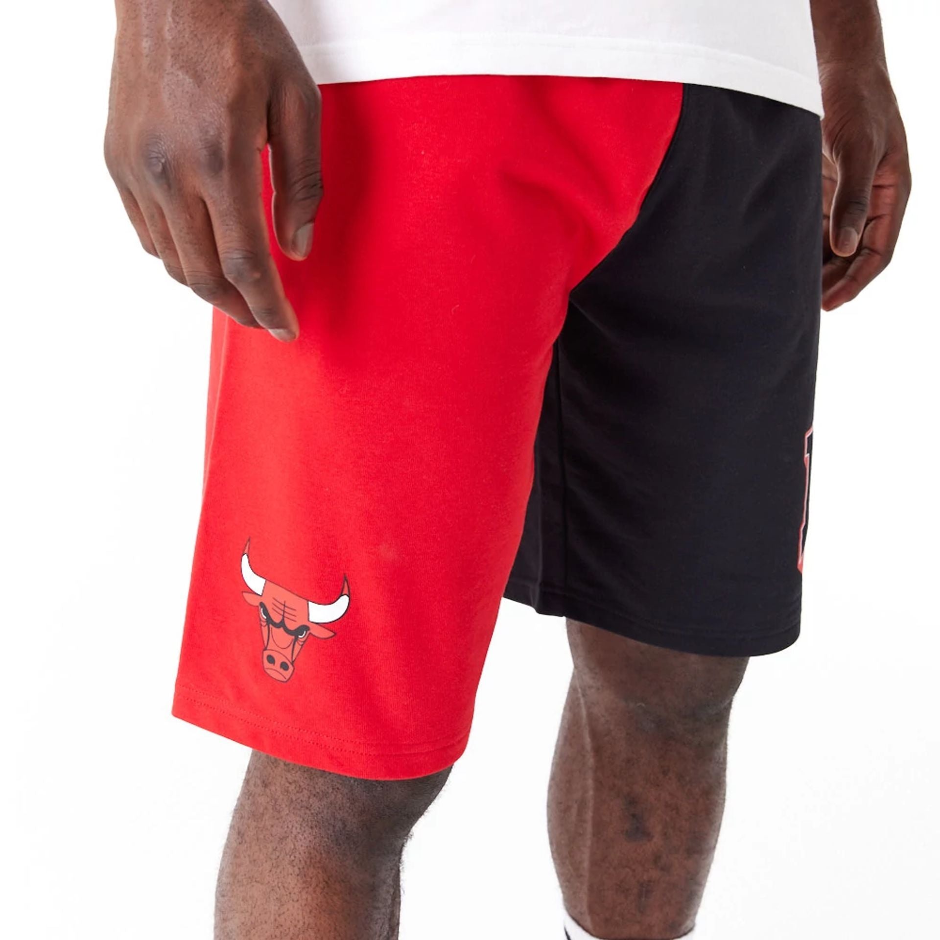 The Male model is wearing Chicago Bulls NBA Graphic Red Shorts 4