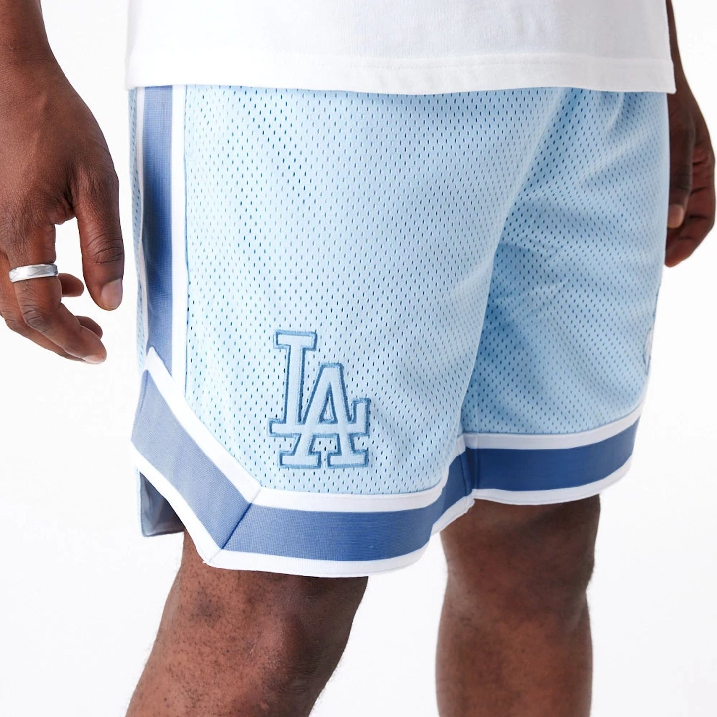 The Male model is wearing LA Dodgers World Series Pastel Blue Mesh Shorts 3