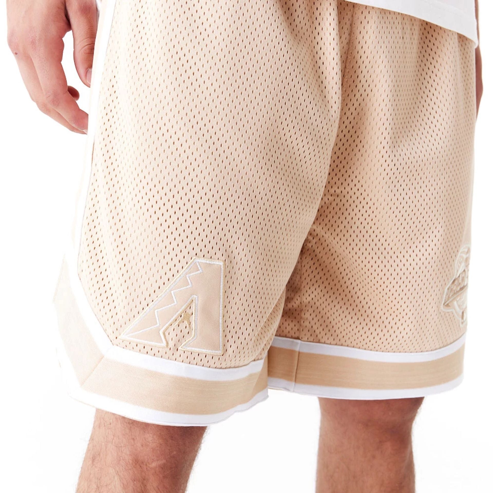 The Male model is wearing Arizona Diamondbacks World Series Light Beige Mesh Shorts 8