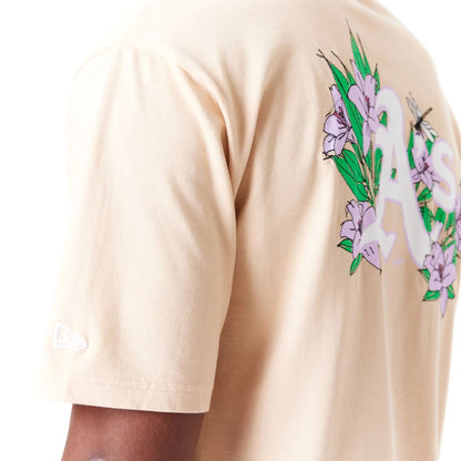 The Male model is wearing Oakland Athletics MLB Floral Graphic Light Beige Oversized T-Shirt 3