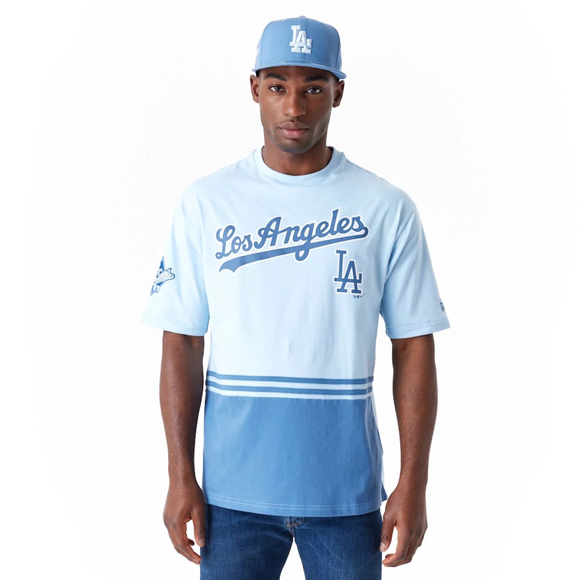 The Male model is wearing LA Dodgers World Series Pastel Blue Oversized T-Shirt 1