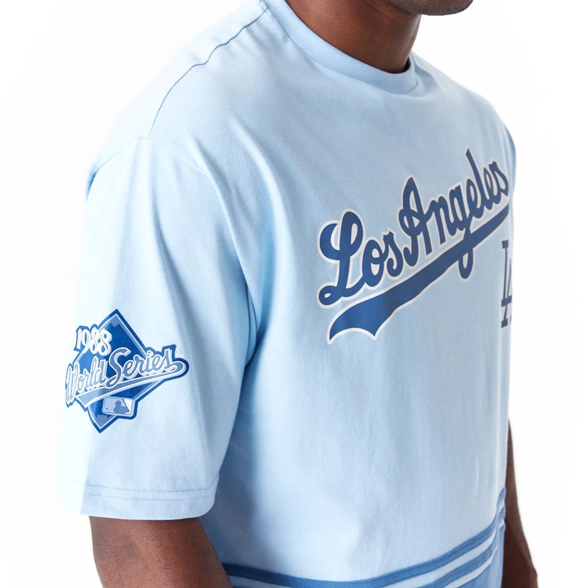 The Male model is wearing LA Dodgers World Series Pastel Blue Oversized T-Shirt 3