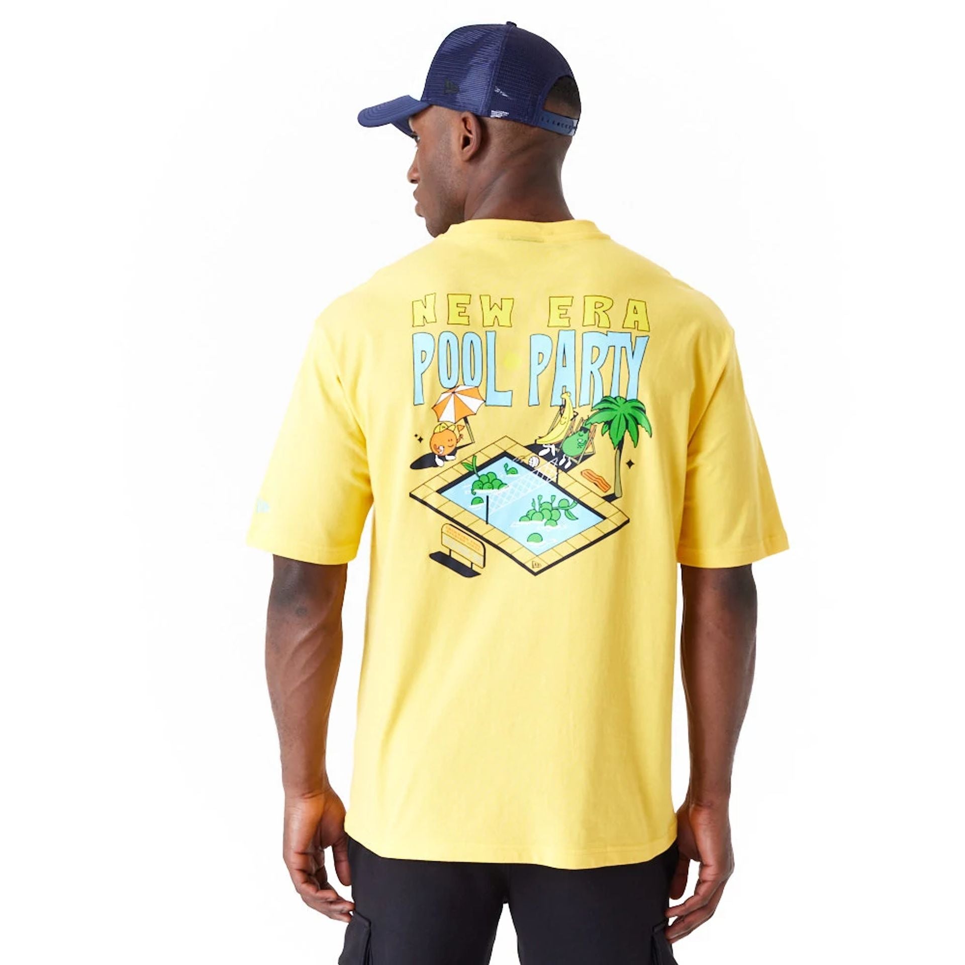 The Male model is wearing New Era Pool Party Fruit Graphic Yellow Oversized T-Shirt 3