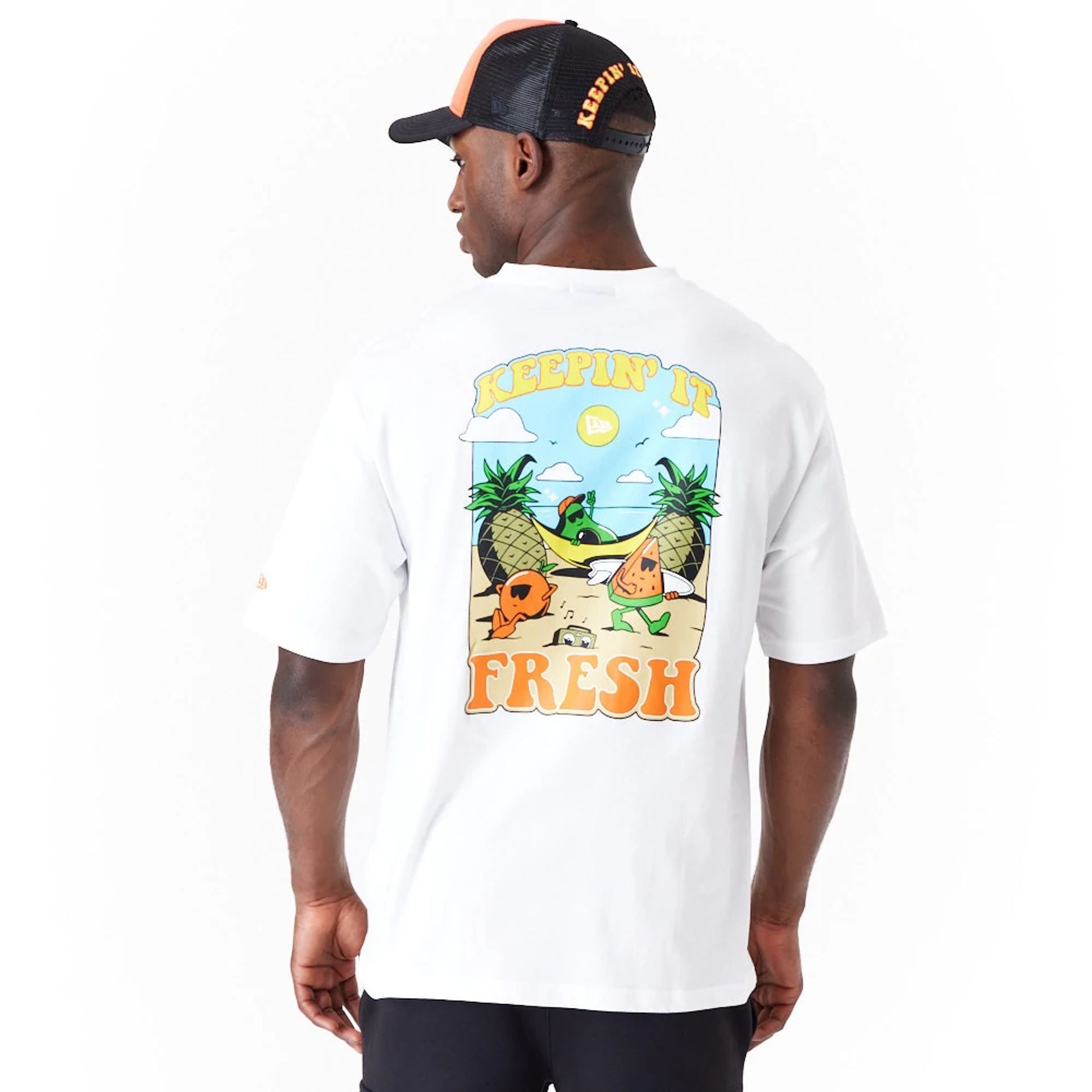 The Male model is wearing New Era Fruit Graphic White Oversized T-Shirt 6