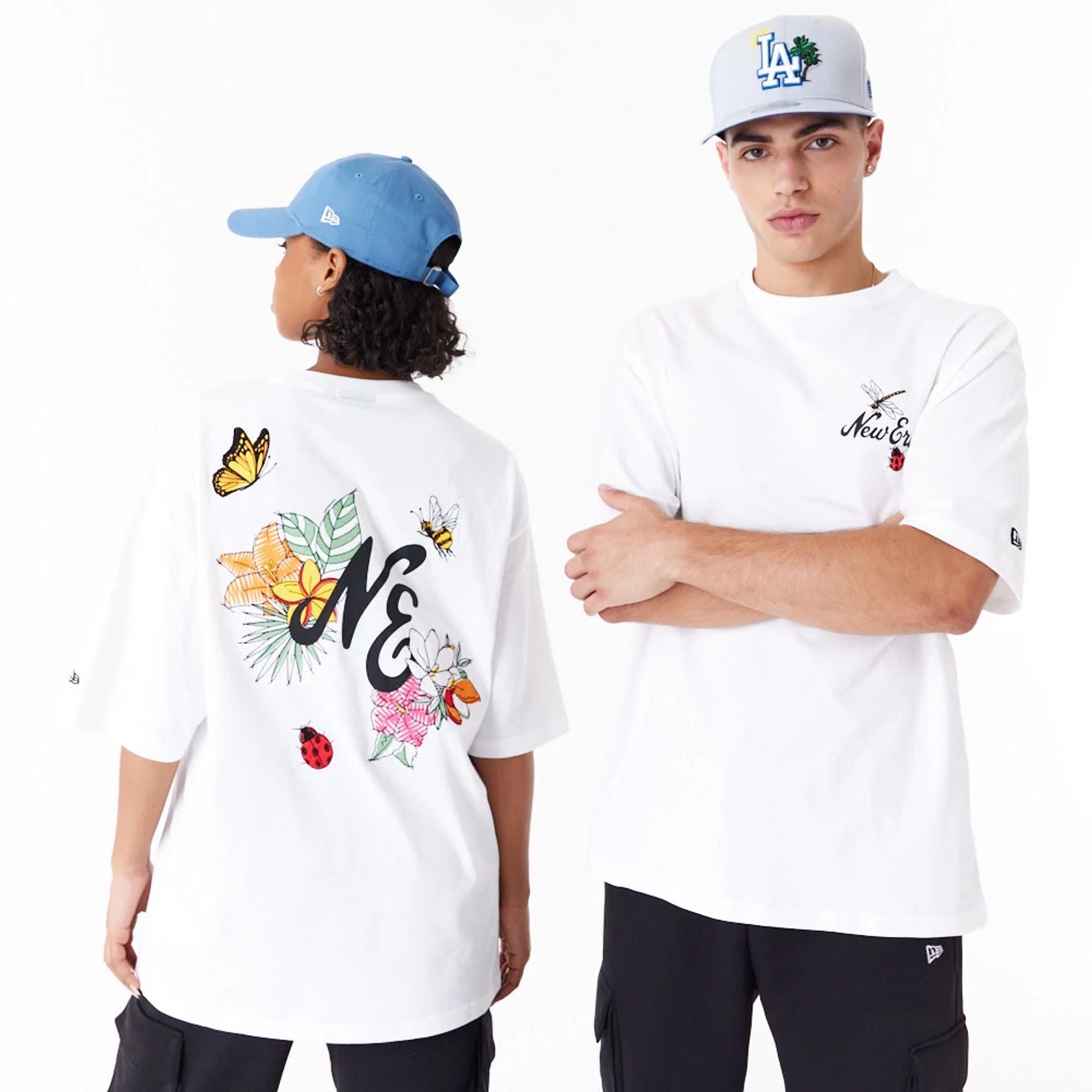 The Male model is wearing New Era Floral Graphic White Oversized T-Shirt 7