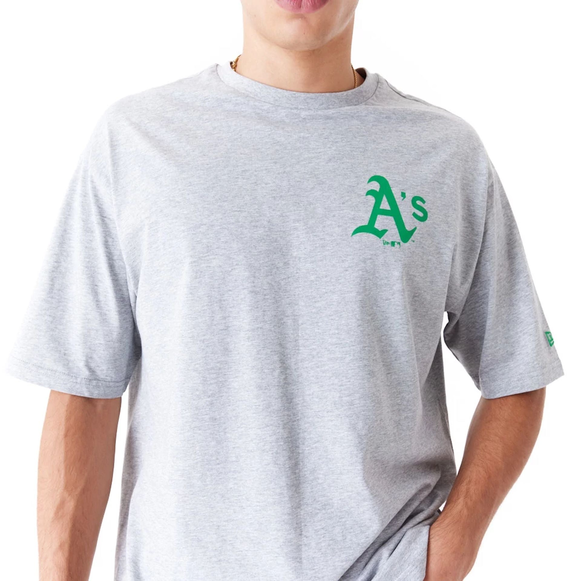 The Male model is wearing Oakland Athletics MLB World Series Grey Oversized T-Shirt 7