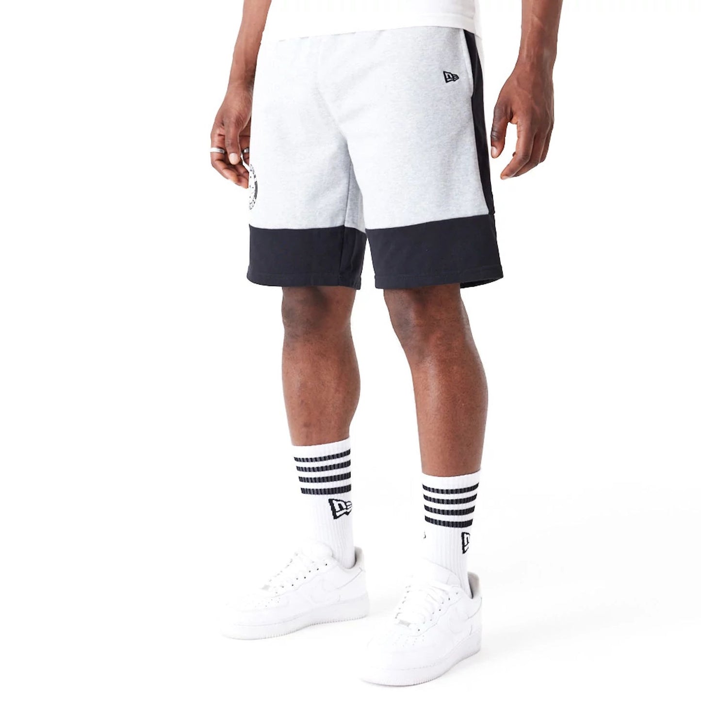 The Male model is wearing Brooklyn Nets NBA Colour Block Grey Shorts 7