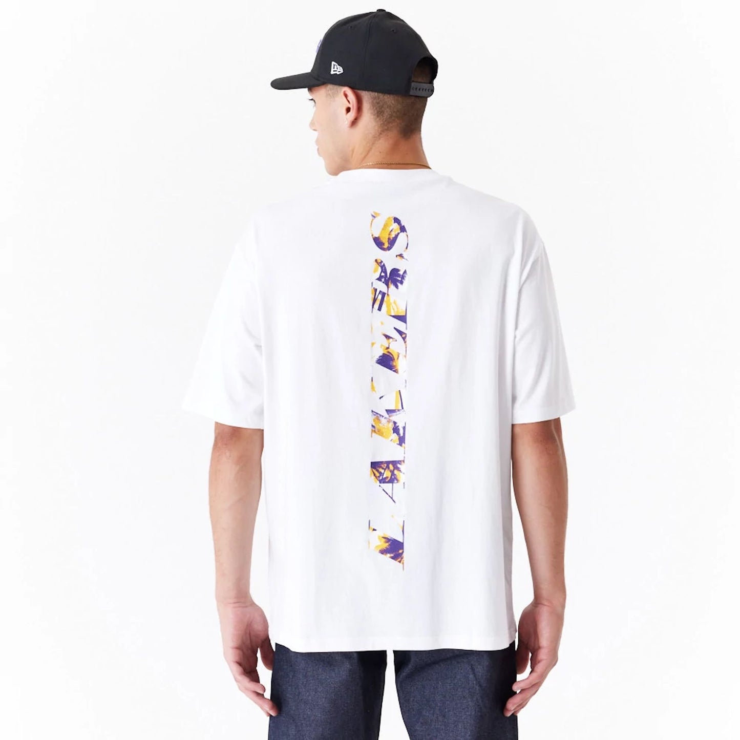 The Male model is wearing LA Lakers NBA Large Infill White Oversized T-Shirt 6