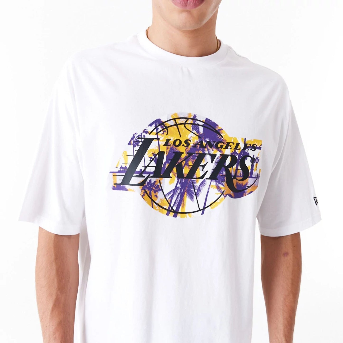 The Male model is wearing LA Lakers NBA Large Infill White Oversized T-Shirt 7