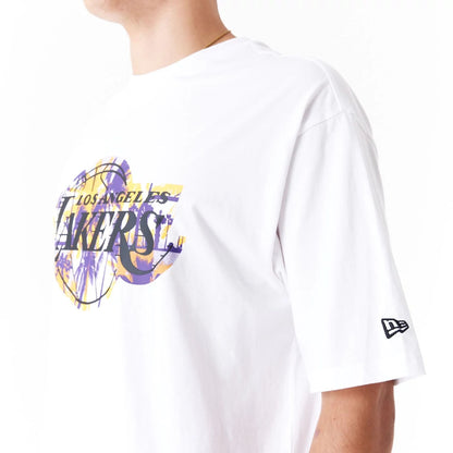 The Male model is wearing LA Lakers NBA Large Infill White Oversized T-Shirt 4