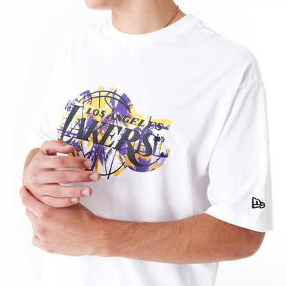 The Male model is wearing LA Lakers NBA Large Infill White Oversized T-Shirt 2