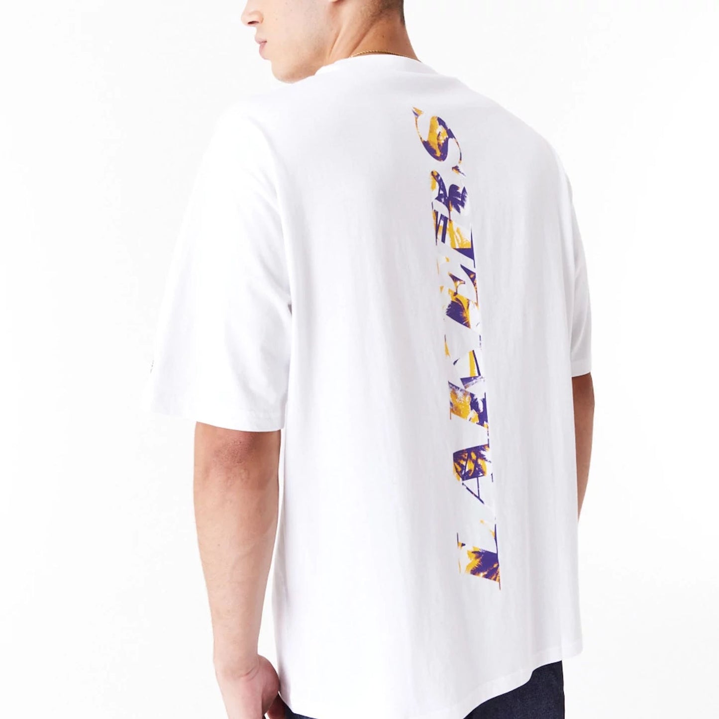 The Male model is wearing LA Lakers NBA Large Infill White Oversized T-Shirt 3