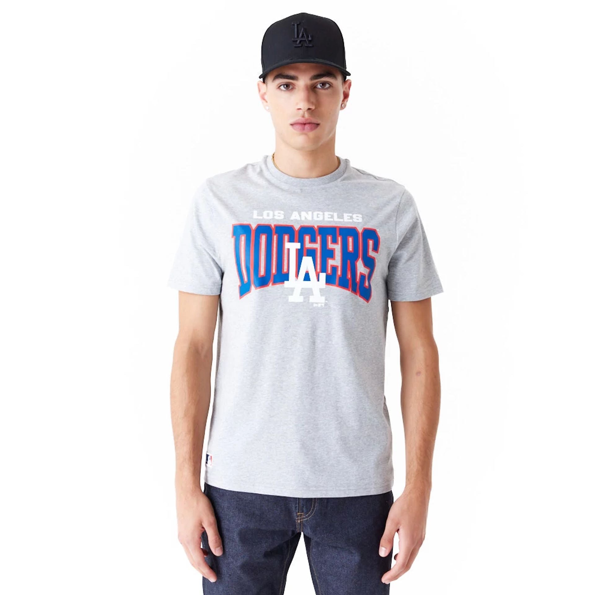 The Male model is wearing LA Dodgers MLB Arch Wordmark Graphic Grey T-Shirt 1