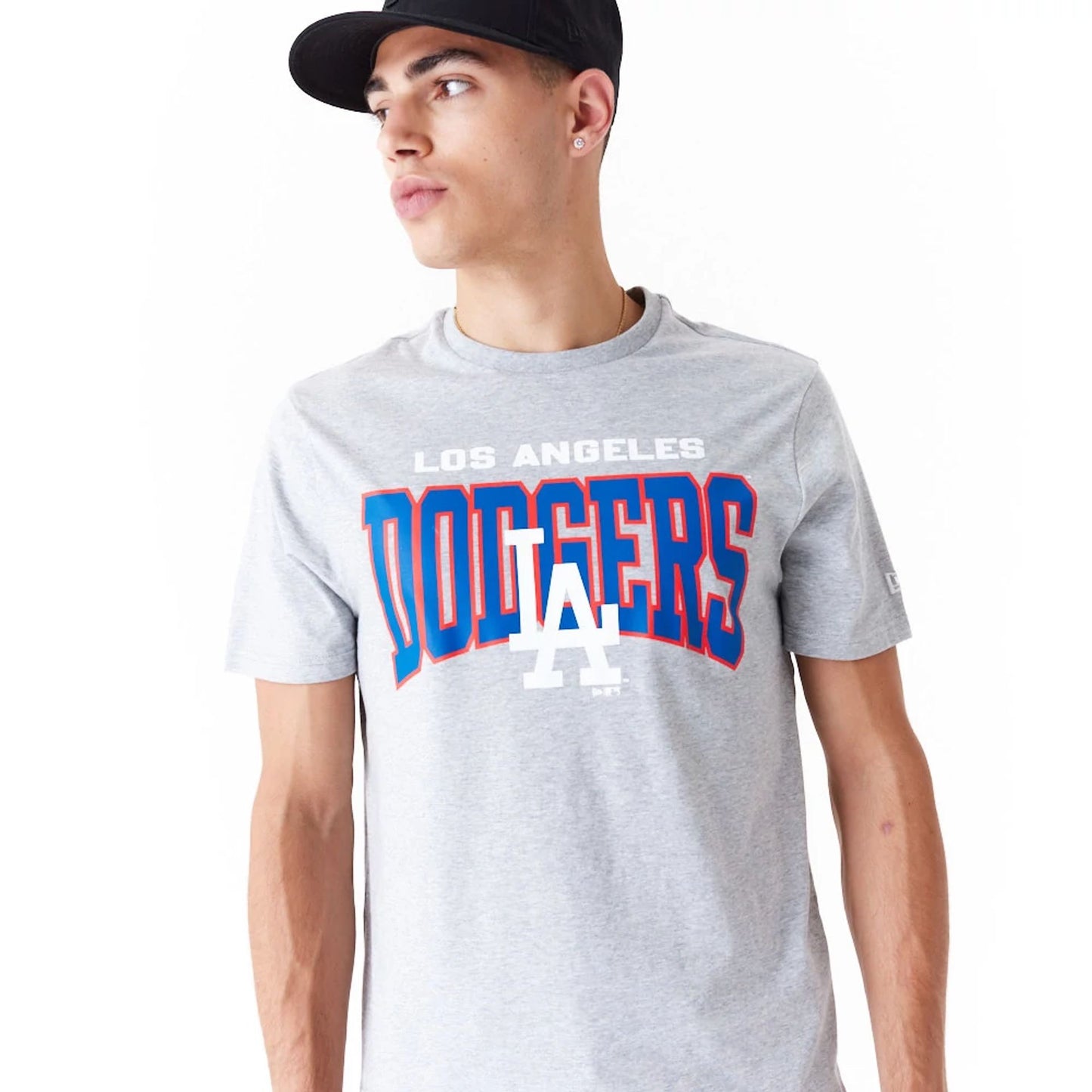 The Male model is wearing LA Dodgers MLB Arch Wordmark Graphic Grey T-Shirt 5