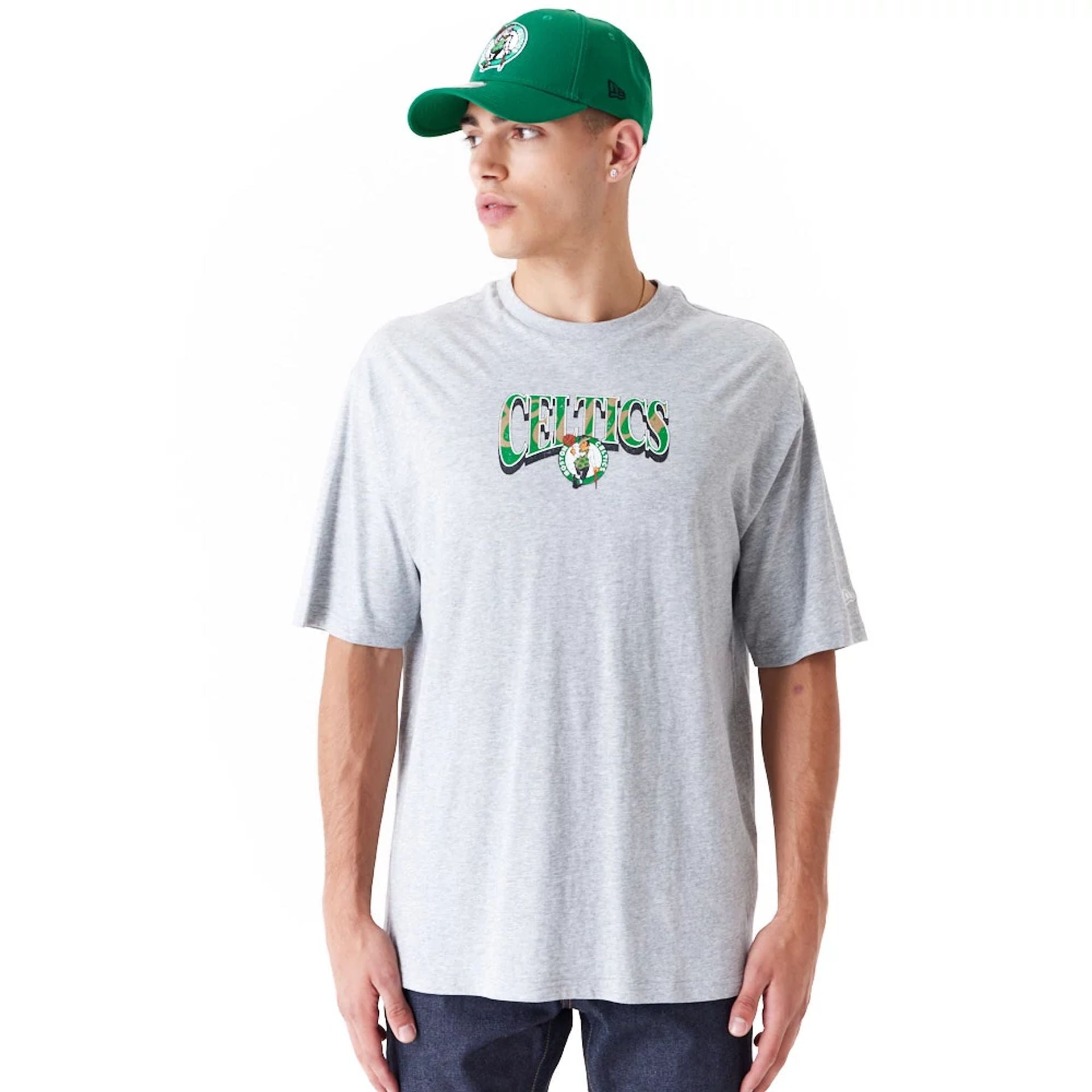 The Male model is wearing Boston Celtics NBA Championship Grey Oversized T-Shirt 1