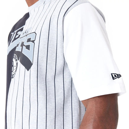 The Male model is wearing Brooklyn Nets NBA Half Pinstripe Grey Oversized T-Shirt 7