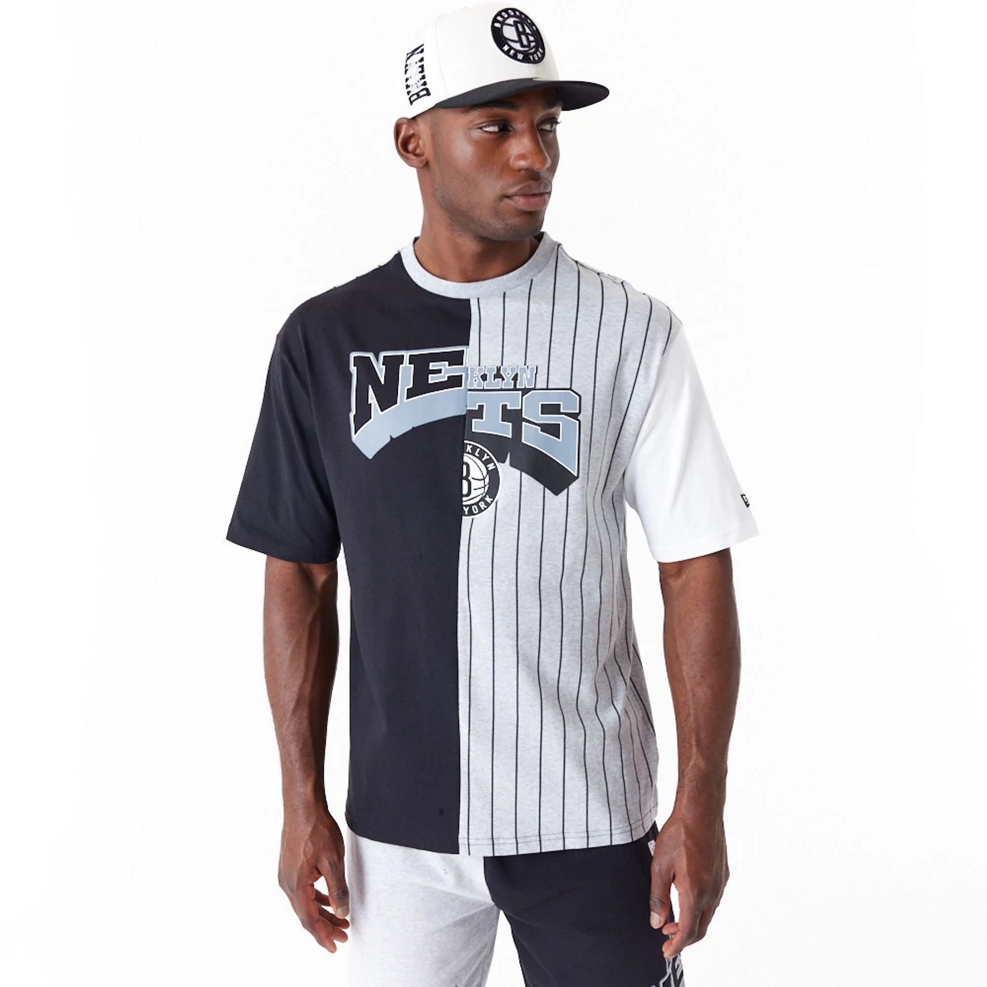 The Male model is wearing Brooklyn Nets NBA Half Pinstripe Grey Oversized T-Shirt 1