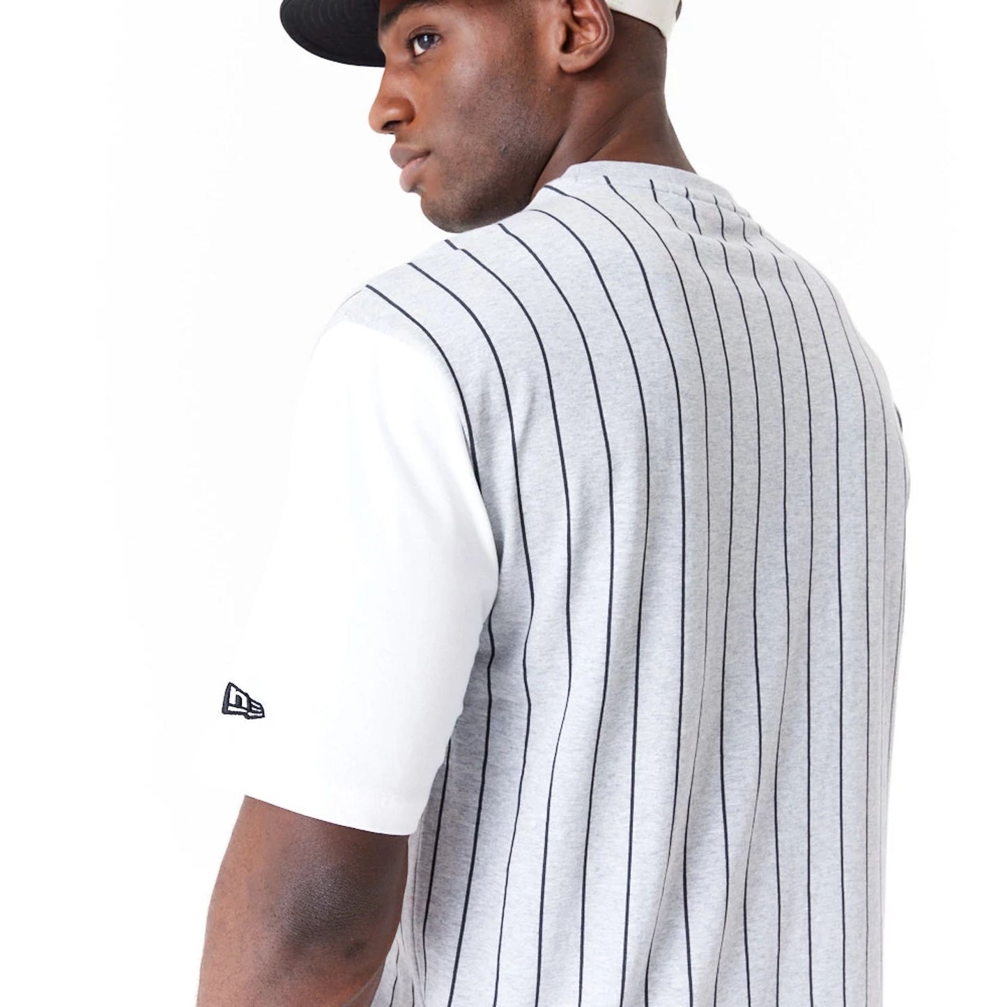 The Male model is wearing Brooklyn Nets NBA Half Pinstripe Grey Oversized T-Shirt 4