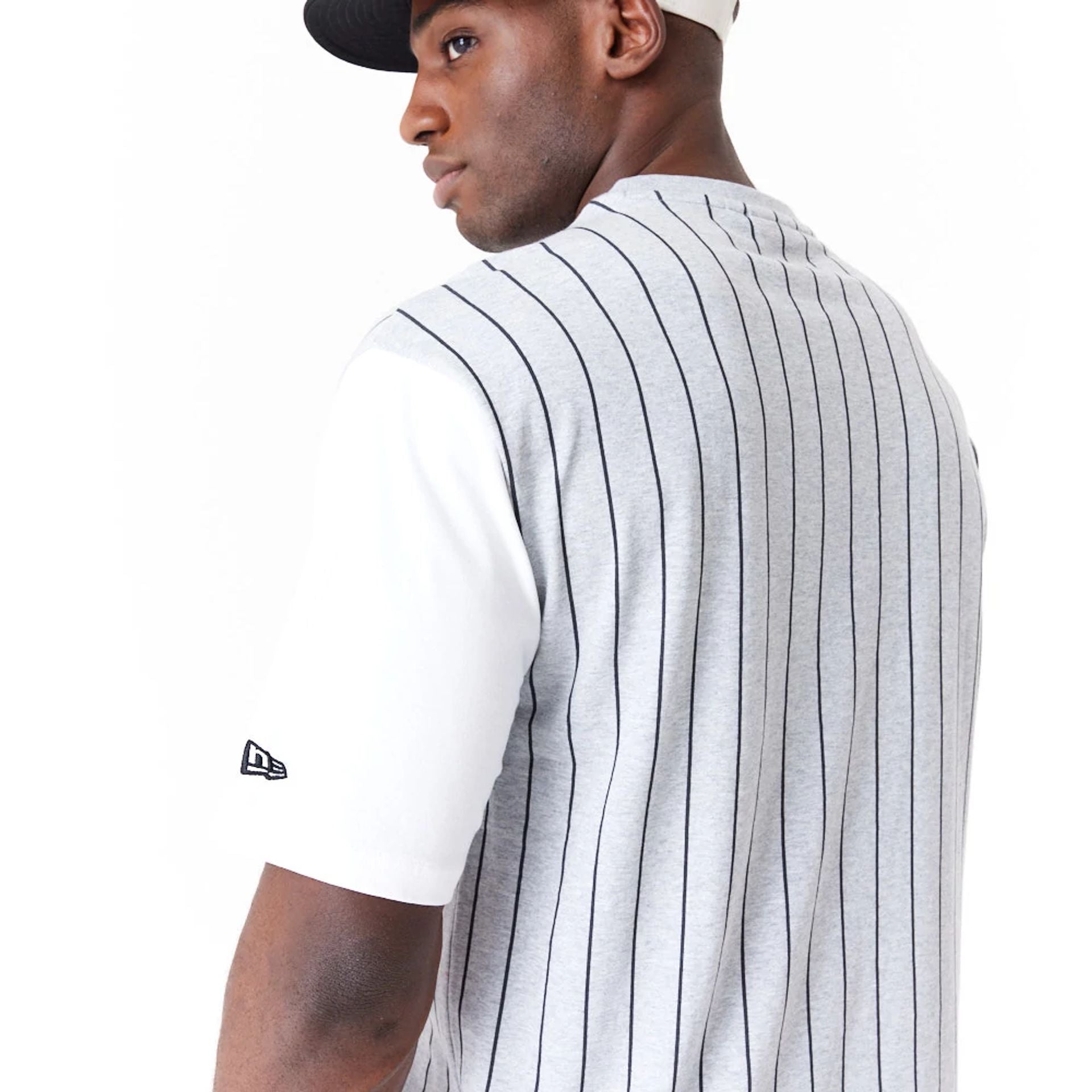 The Male model is wearing Brooklyn Nets NBA Half Pinstripe Grey Oversized T-Shirt 4