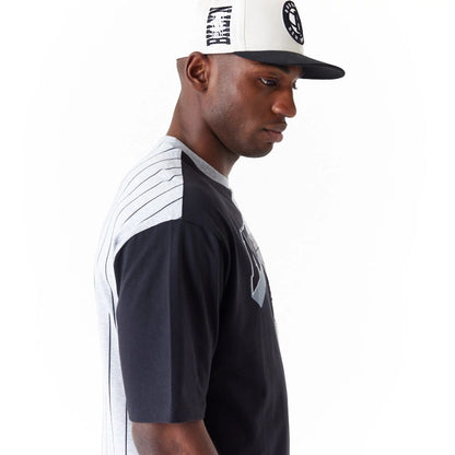 The Male model is wearing Brooklyn Nets NBA Half Pinstripe Grey Oversized T-Shirt 5