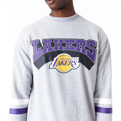 The Male model is wearing LA Lakers NBA Arch Grey Crew Neck Sweatshirt 2