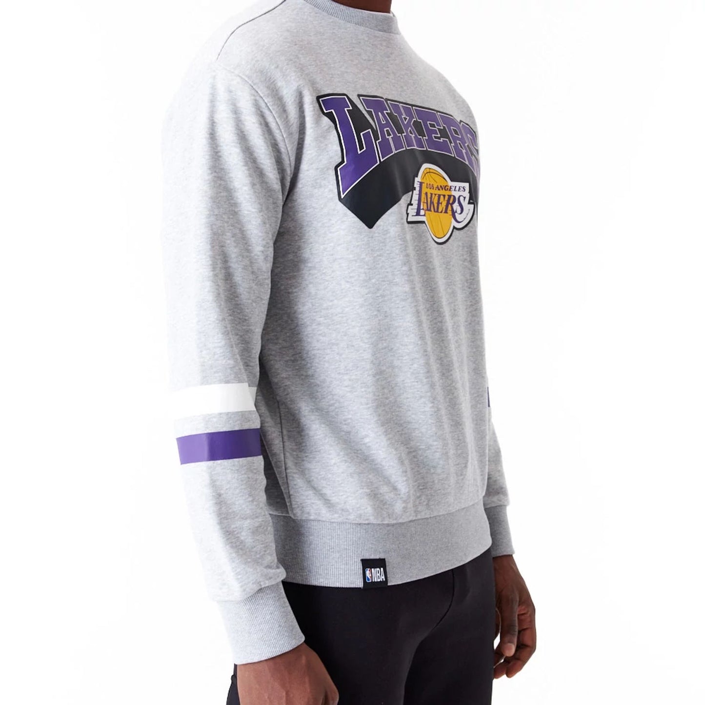 The Male model is wearing LA Lakers NBA Arch Grey Crew Neck Sweatshirt 5