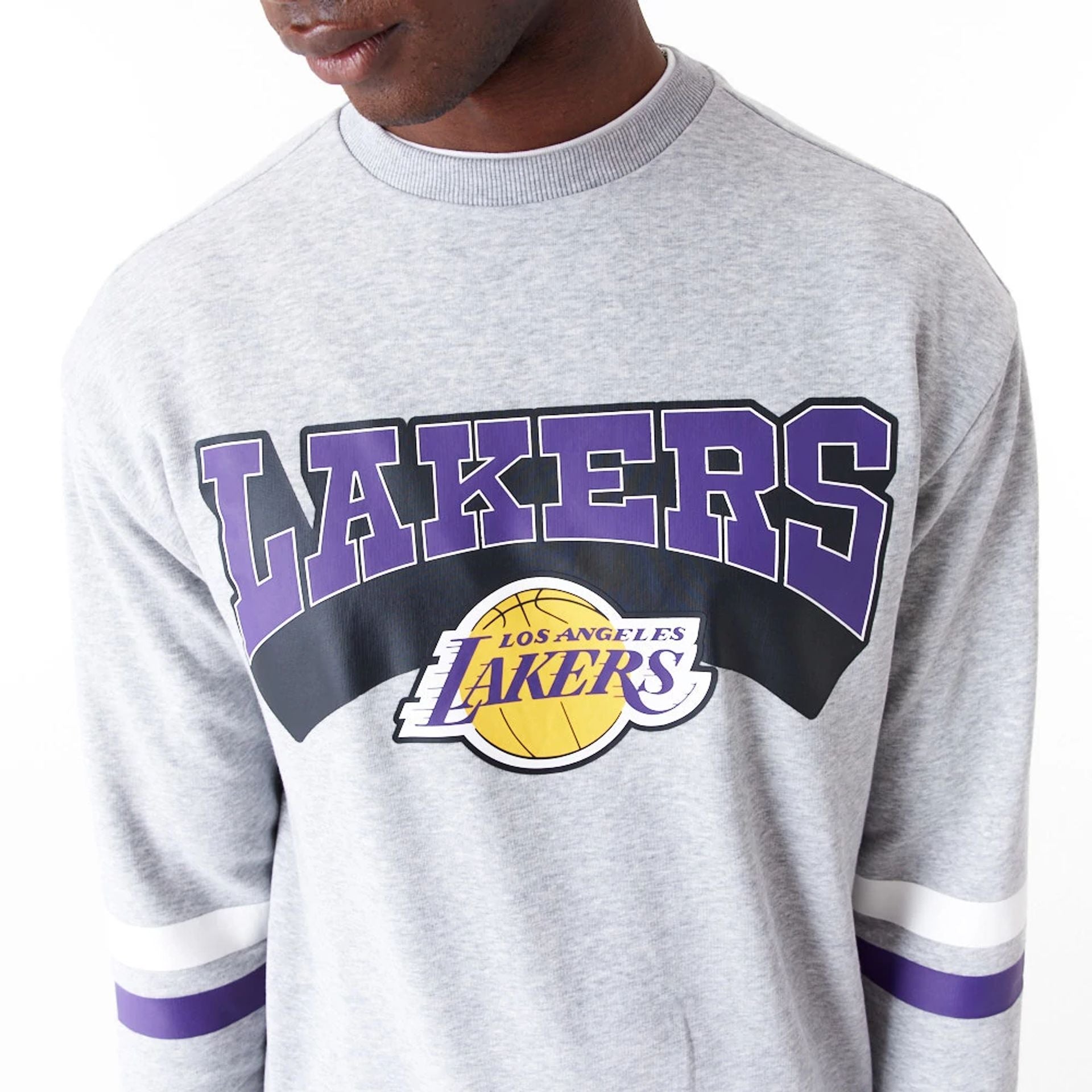 The Male model is wearing LA Lakers NBA Arch Grey Crew Neck Sweatshirt 6