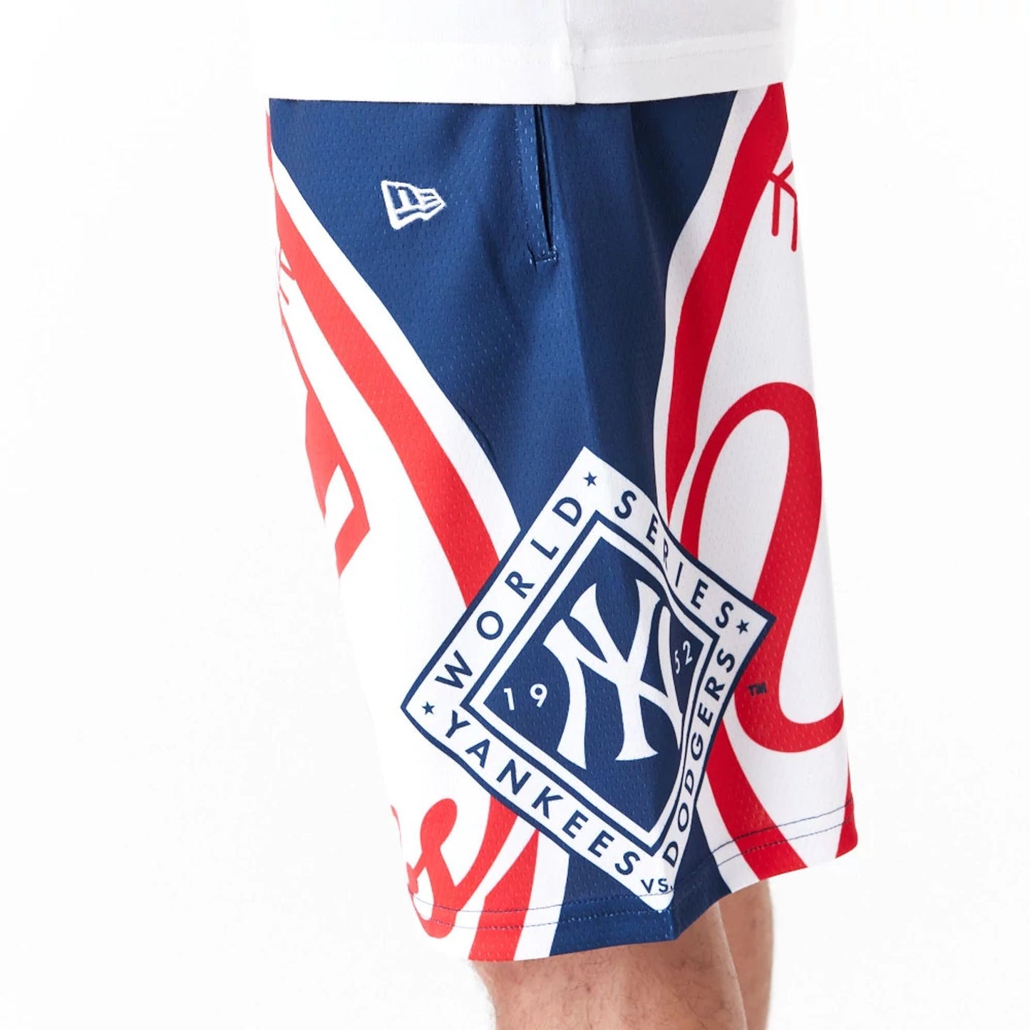 The Male model is wearing New York Yankees MLB Large Logo Dark Blue Shorts 7