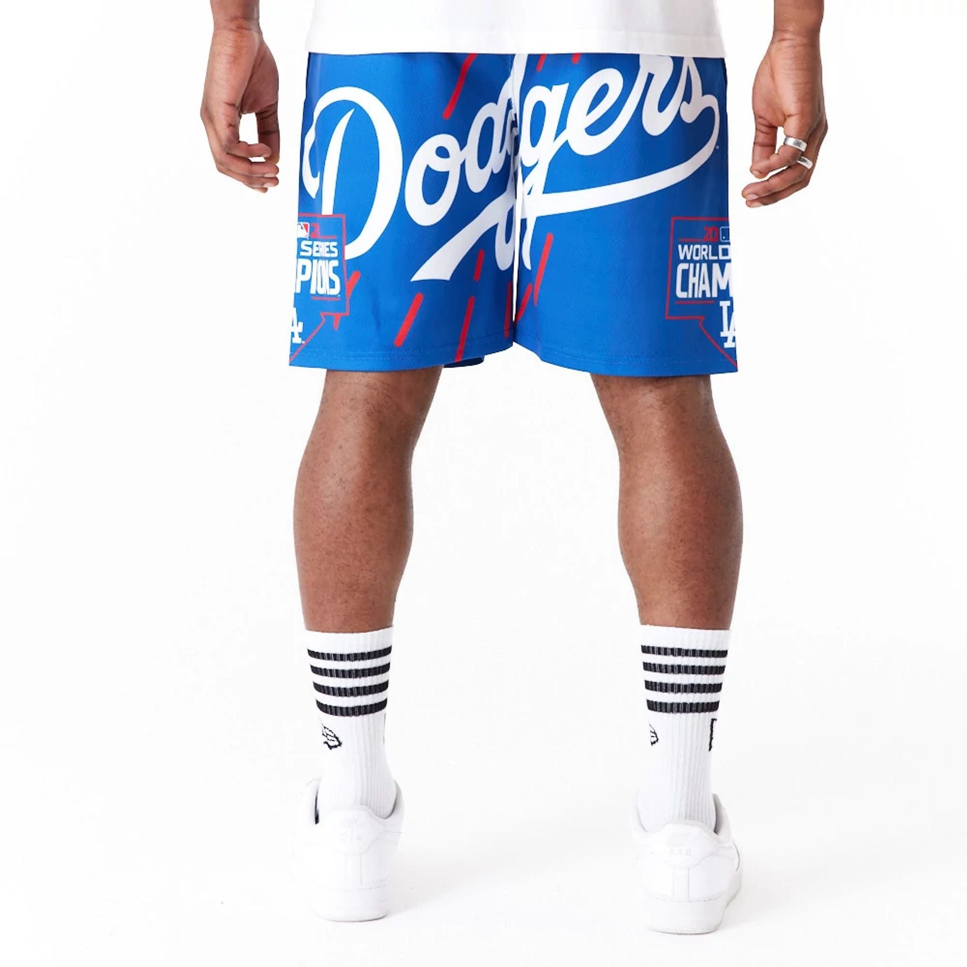 The Male model is wearing LA Dodgers MLB Large Logo Blue Shorts 11