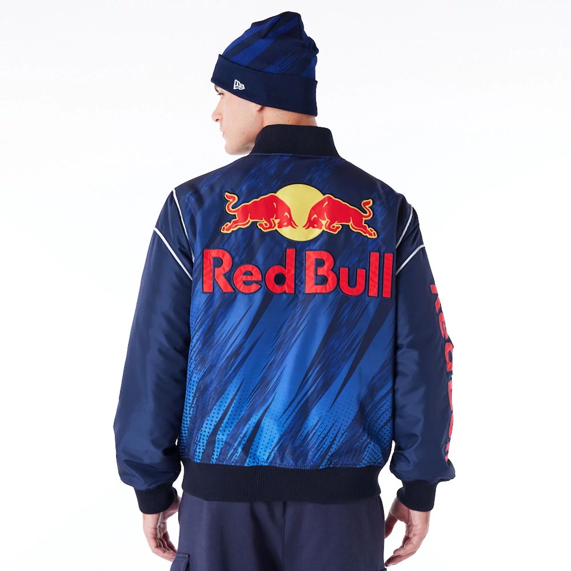 The Male model is wearing Red Bull Sim Racing Navy Bomber Jacket 2