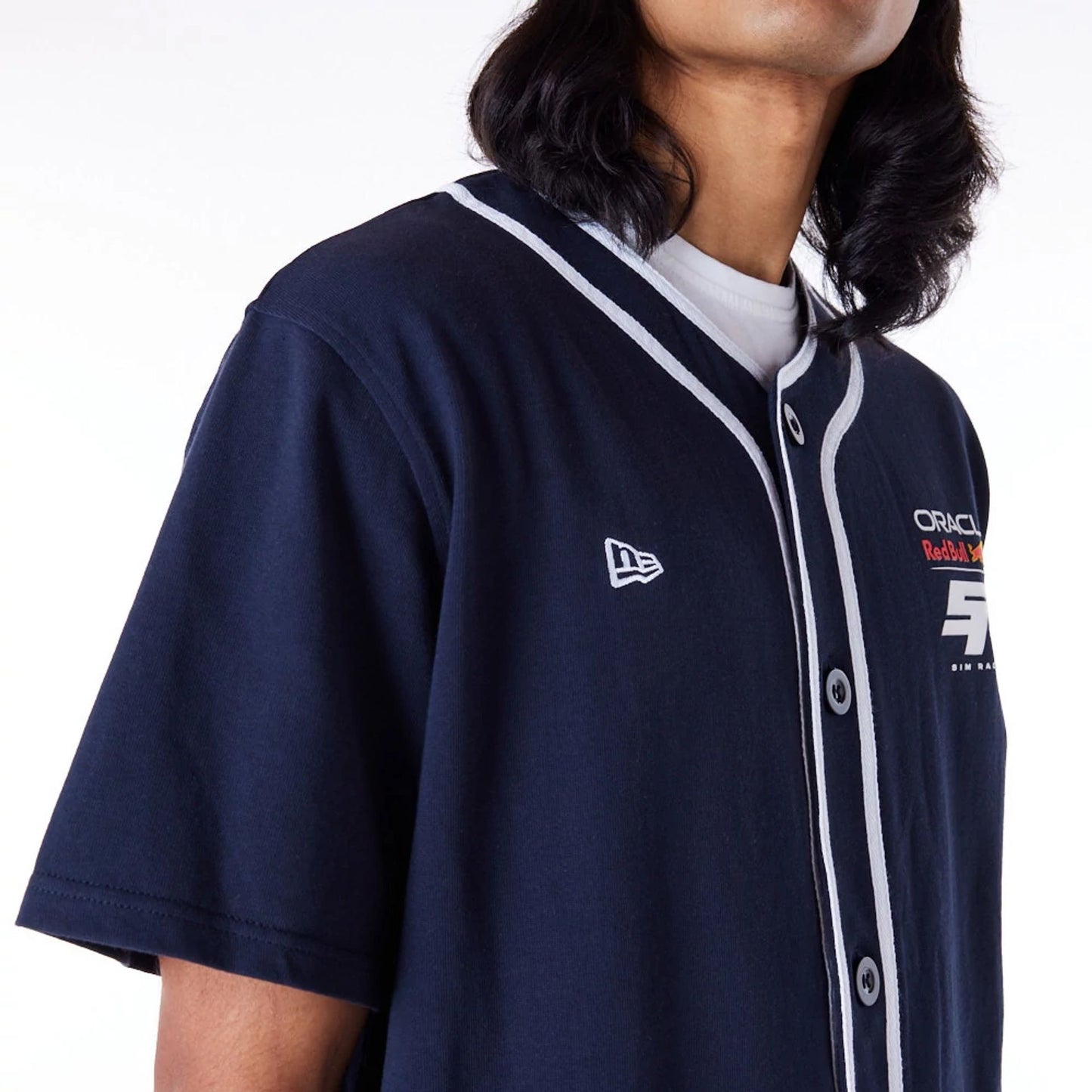 The Male model is wearing Red Bull Sim Racing Navy Baseball Jersey 3