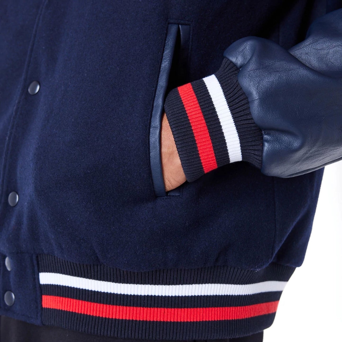 The Male model is wearing Red Bull Sim Racing Navy Varsity Jacket 7