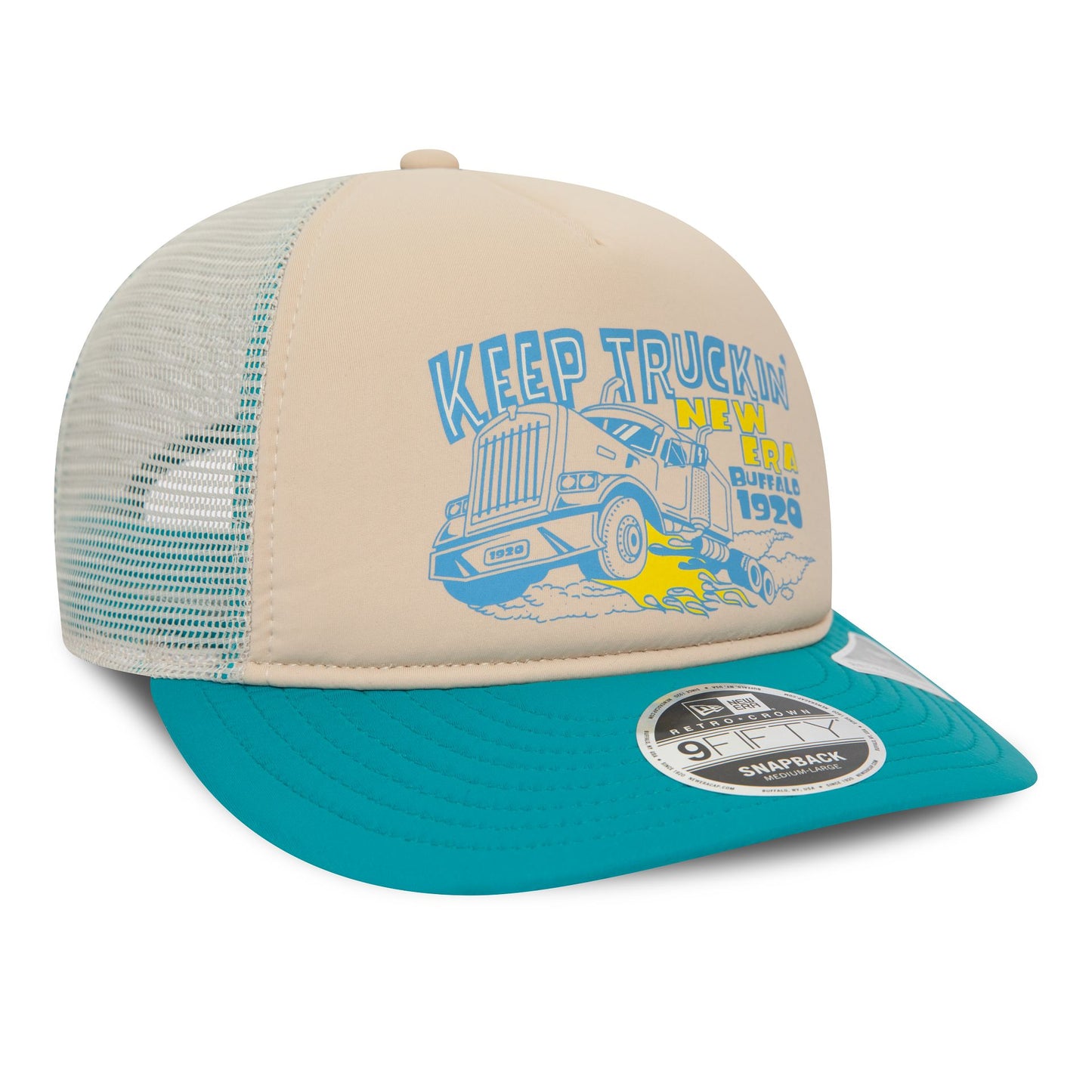 This is a New Era American Keep Truckin Turquoise 9FIFTY Retro Crown A-Frame Cap 3