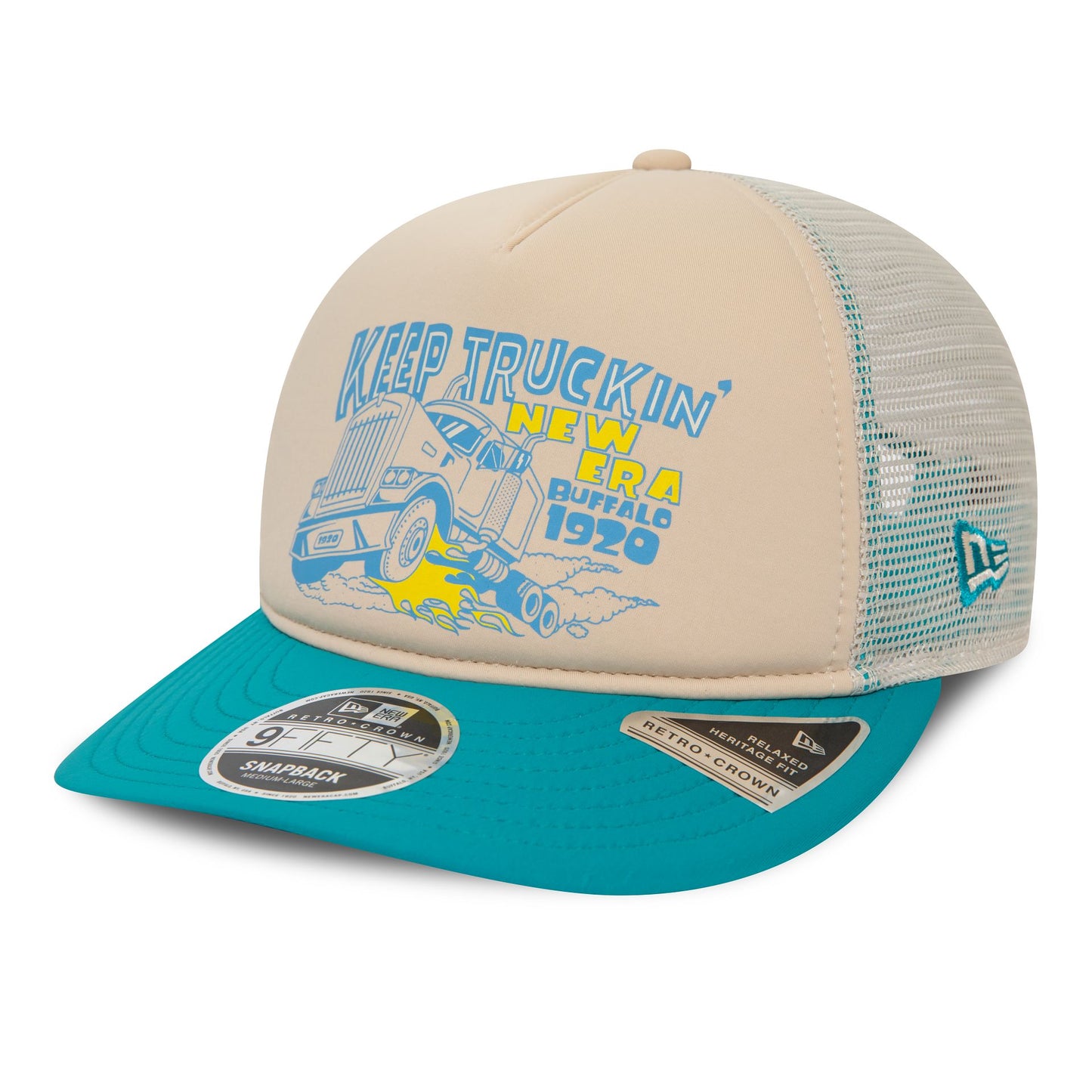 This is a New Era American Keep Truckin Turquoise 9FIFTY Retro Crown A-Frame Cap 1