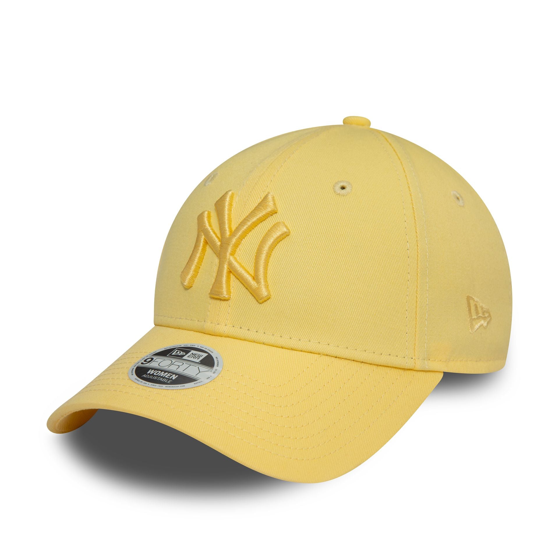 This is a New York Yankees Womens League Essential Pastel Yellow 9FORTY Adjustable Cap 1