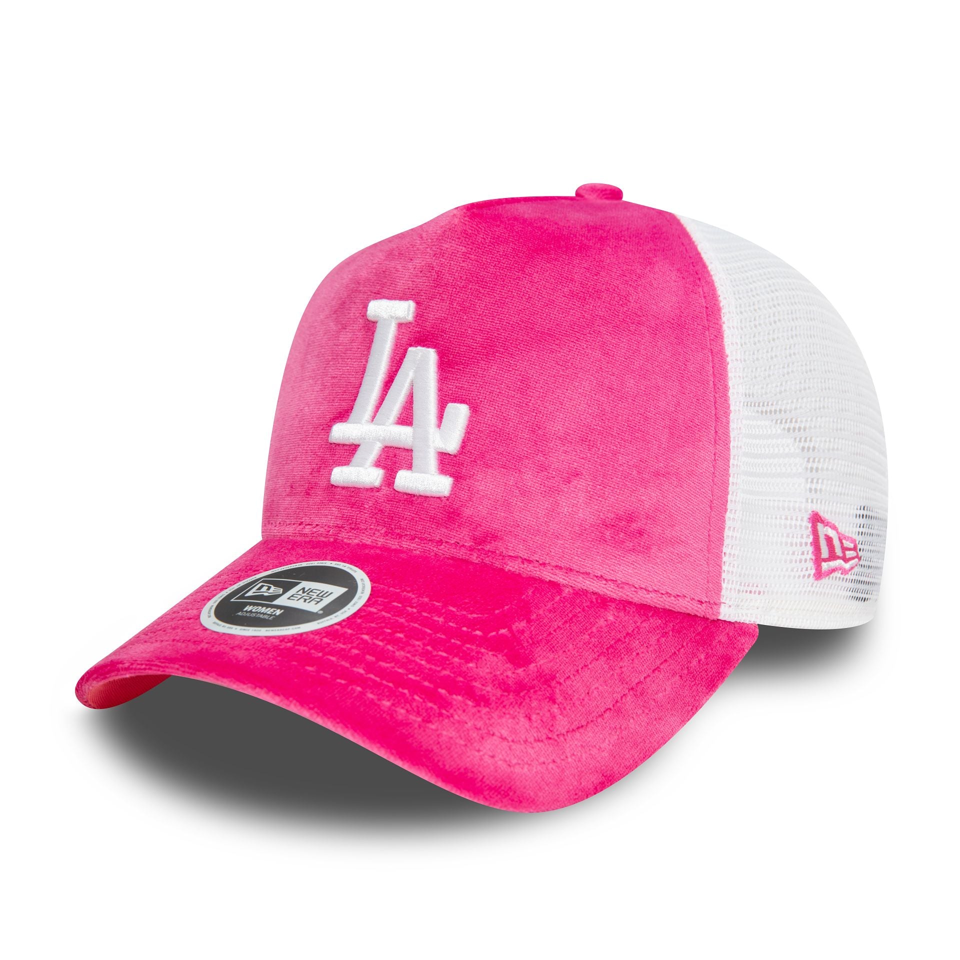 This is a LA Dodgers Womens Velour Pink A-Frame Trucker Cap 1