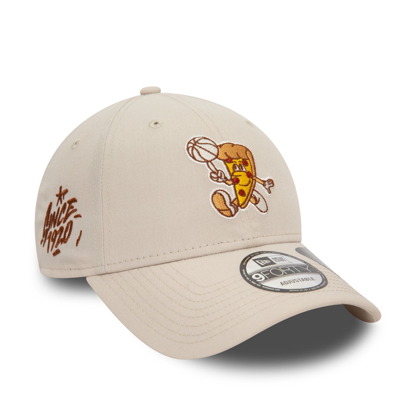 This is a New Era Basketball Pizza Repreve Light Beige 9FORTY Adjustable Cap 3