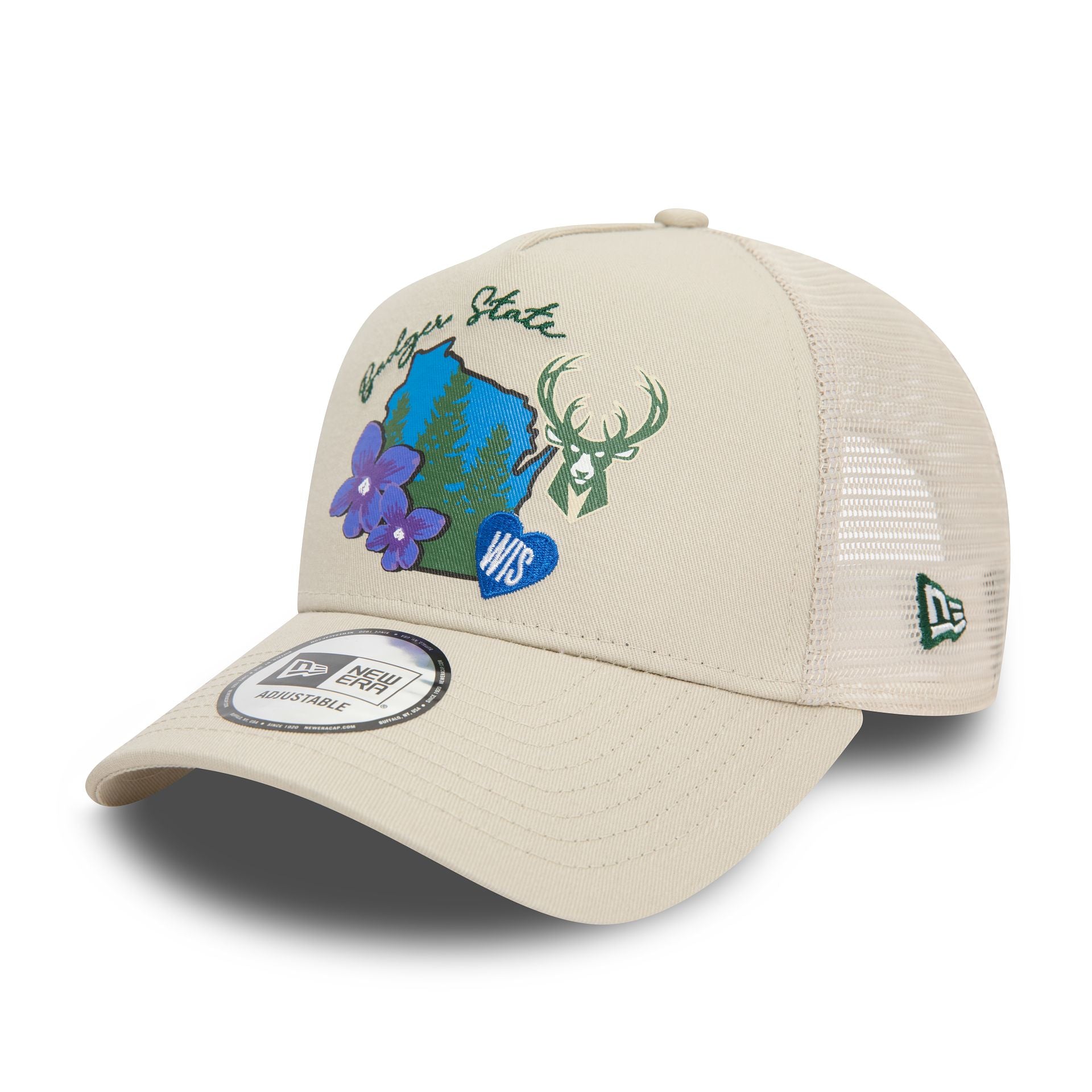 This is a Milwaukee Bucks NBA Team Logo Light Beige A-Frame Trucker Cap 1