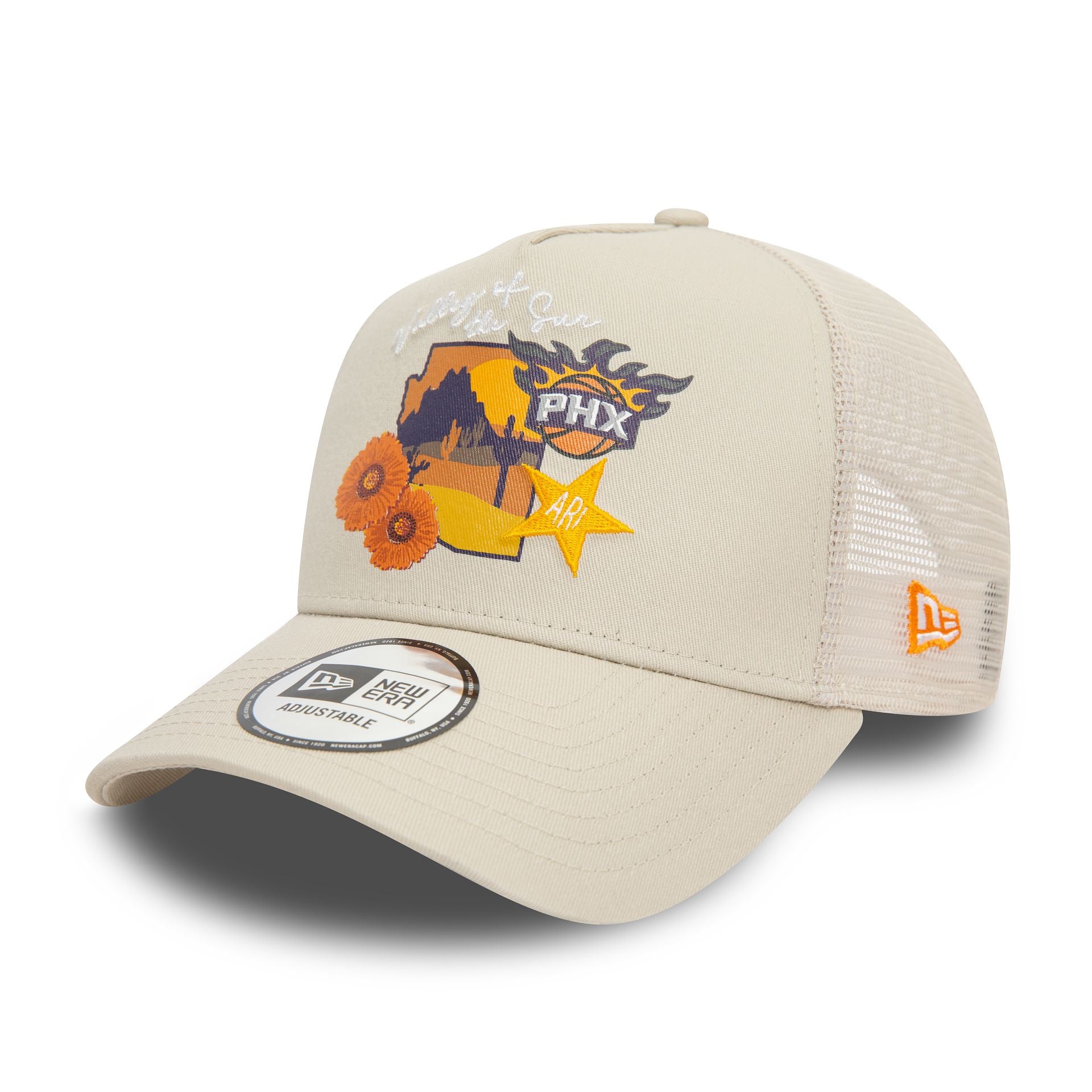 This is a Phoenix Suns NBA Team Logo Light Beige A-Frame Trucker Cap 1