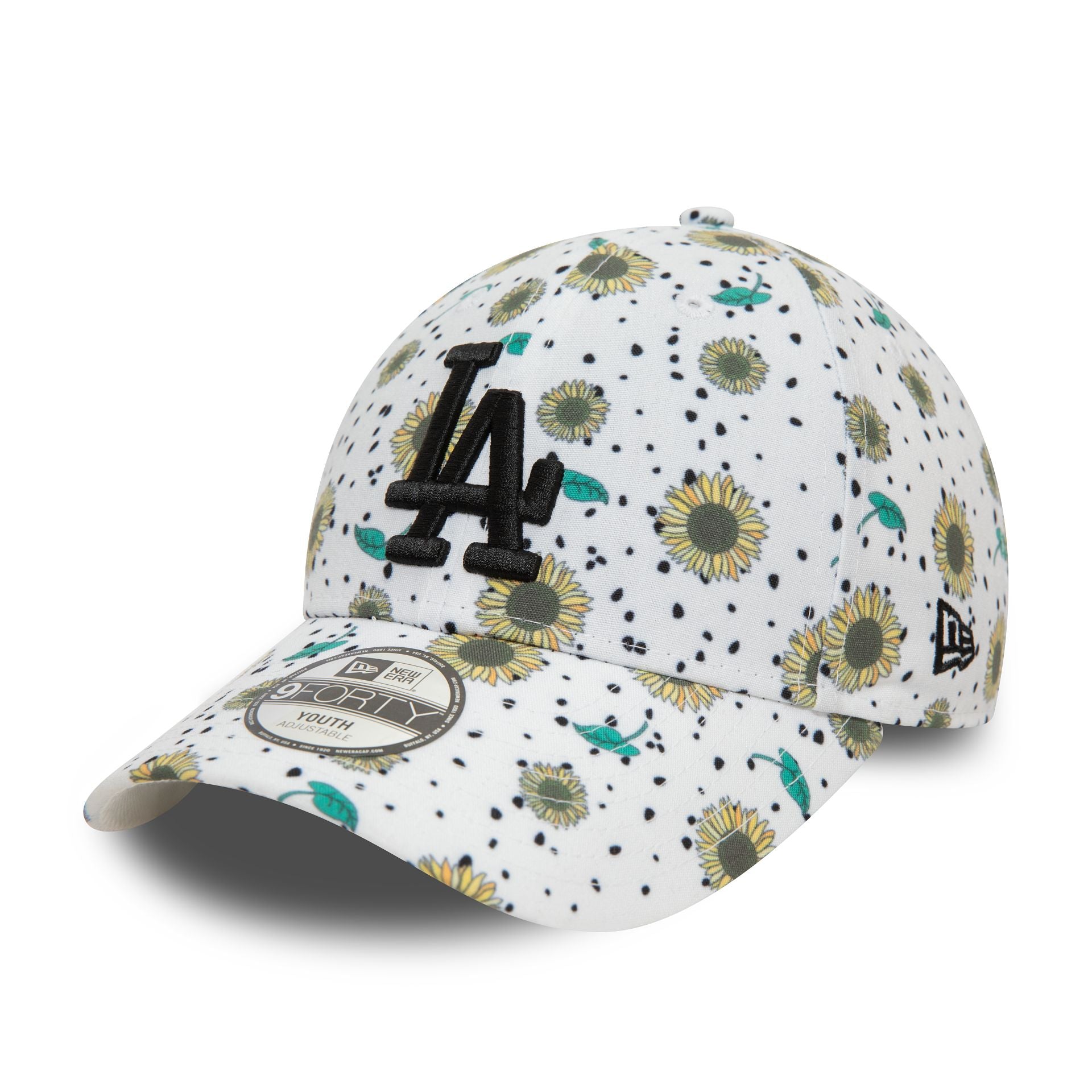 This is a LA Dodgers Youth Floral All Over Print White 9FORTY Adjustable Cap 1