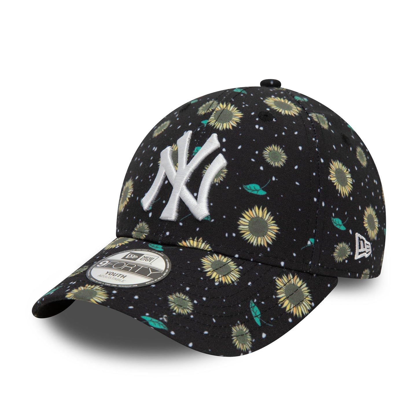 This is a New York Yankees Youth Floral All Over Print Black 9FORTY Adjustable Cap 1