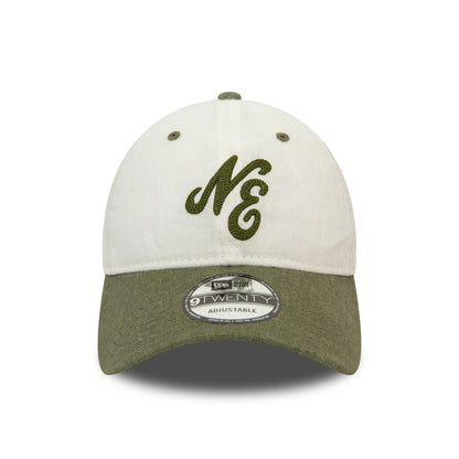 This is a New Era Linen Script White and Green 9TWENTY Adjustable Cap 2